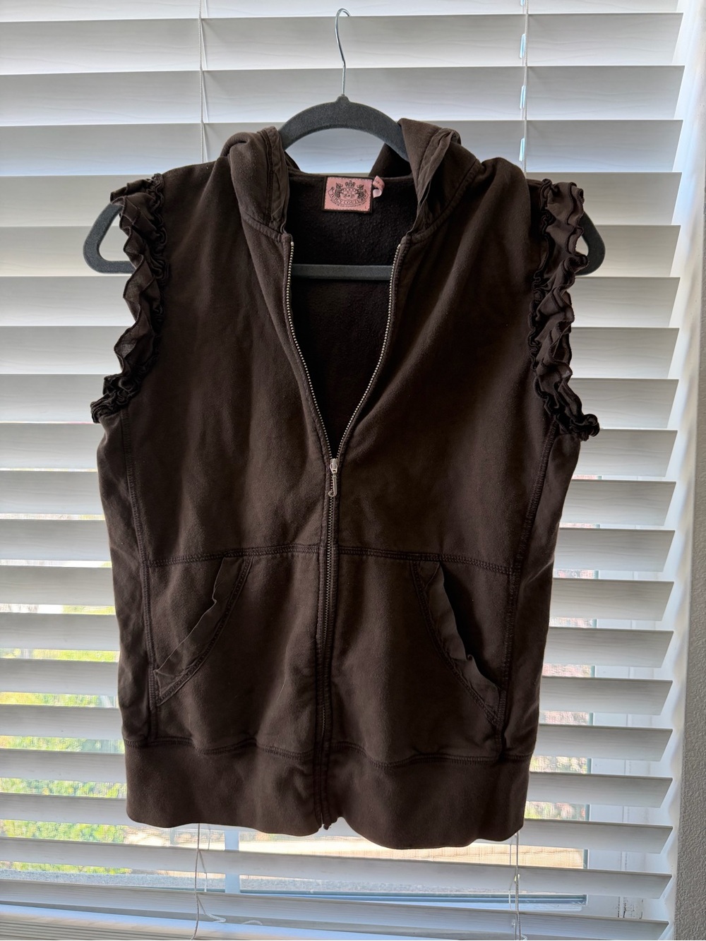 Juicy Couture Sleeveless Hoodie Vest in Dark Brown with Ruffle Shoulders Small